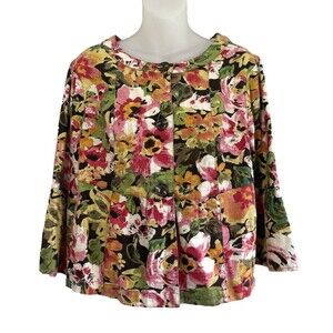 Christopher & Banks Floral Jacket Pink Green Yellow Med Cotton 3/4 Sleeve Flare